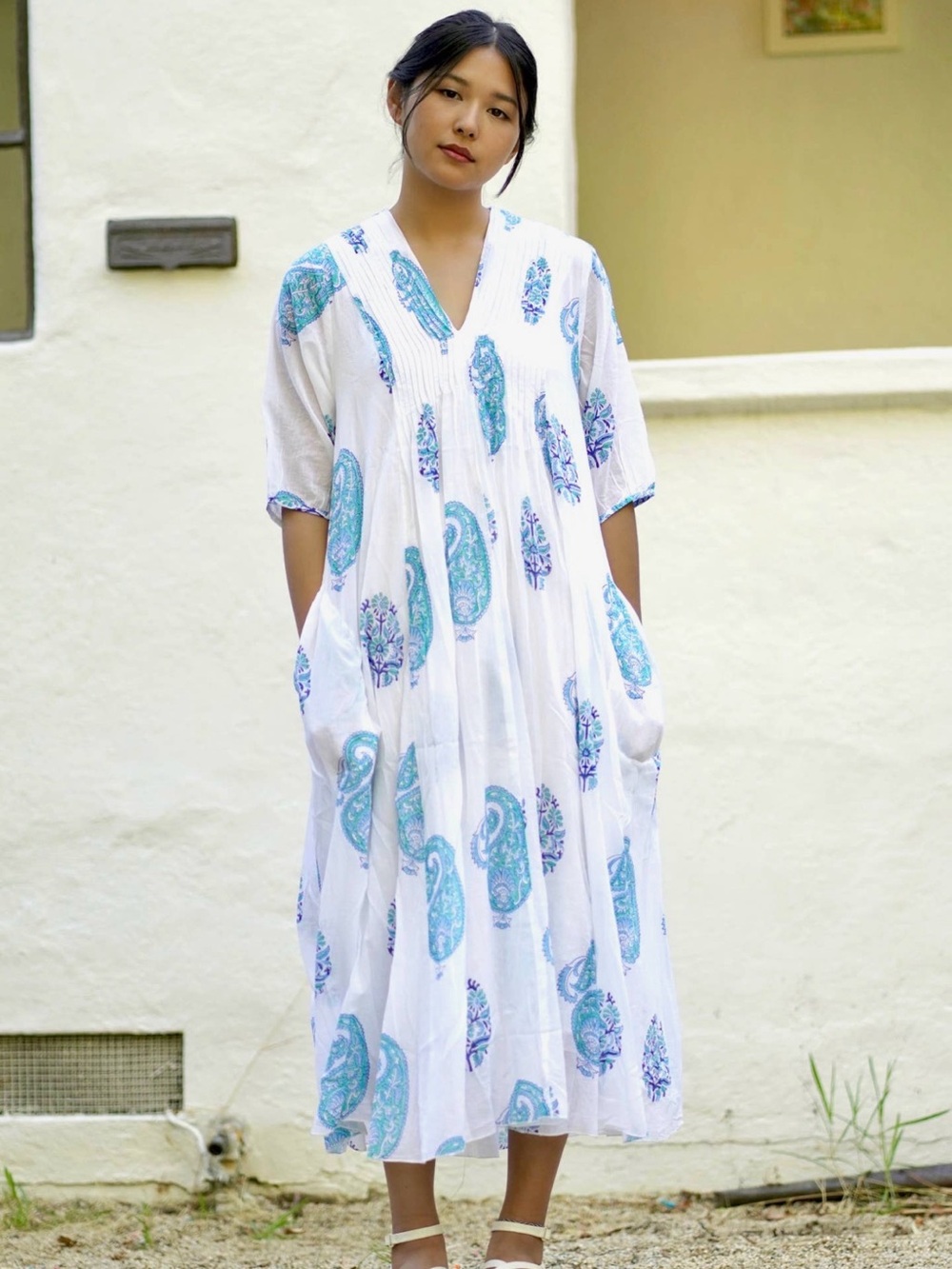 Flowy White Maxi Dress with Teal Paisley Print